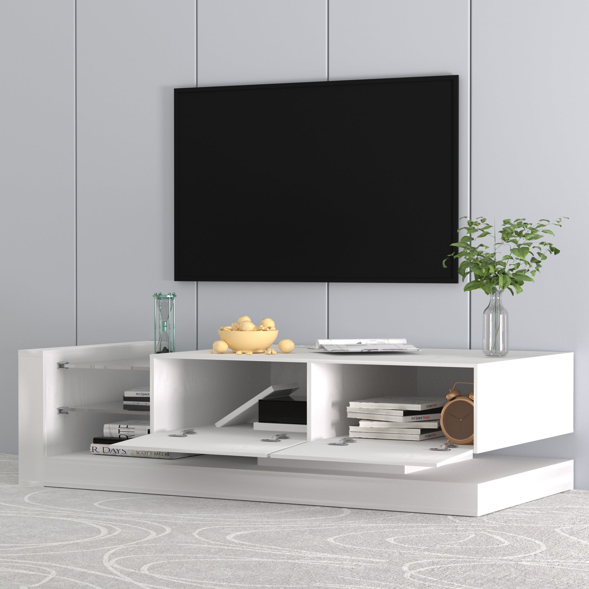 Modern white highgloss TV stand with open shelving and closed cabinets ideal for living rooms