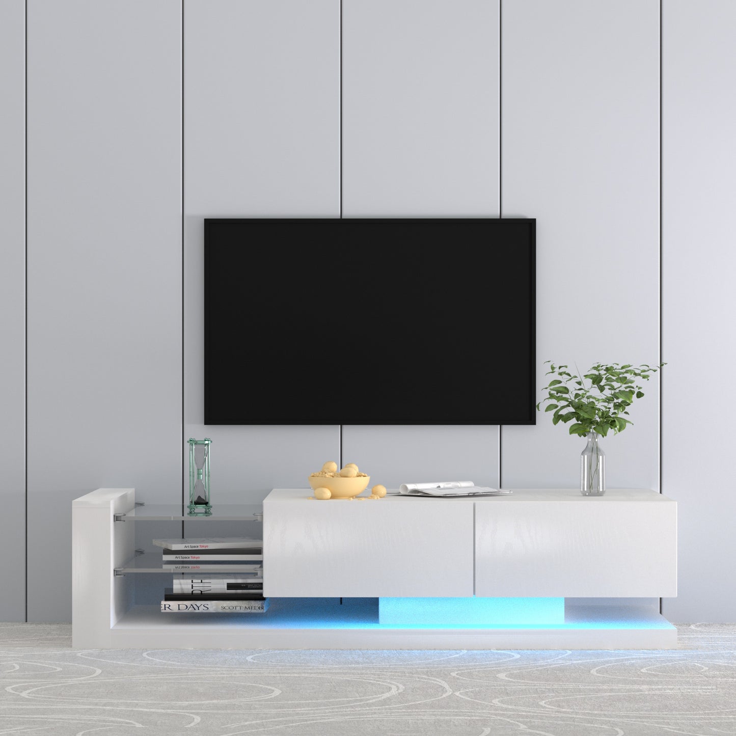 Modern white TV stand with LED lighting glass shelves and ample storage