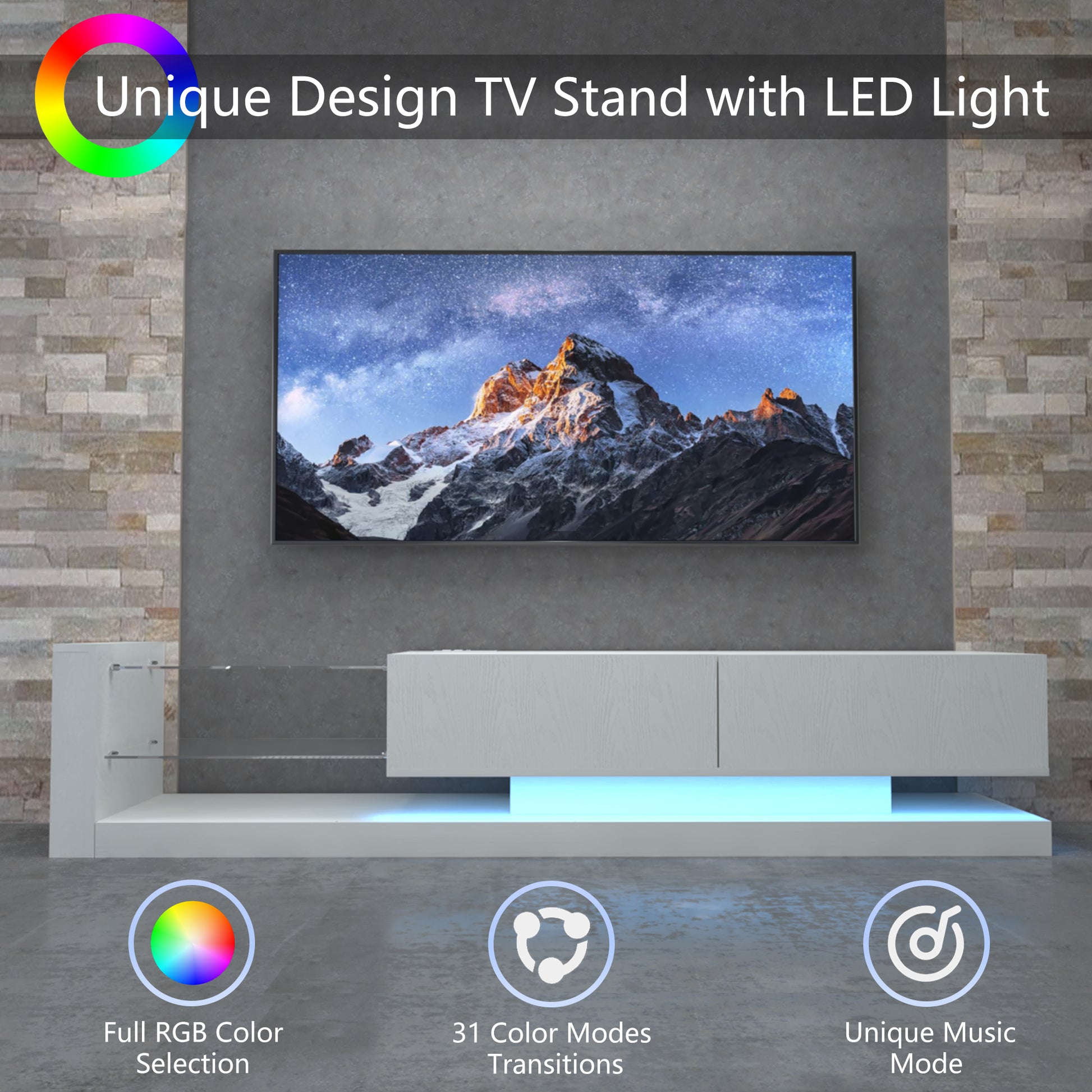 Modern white TV stand with integrated blue LED lighting and glass shelves