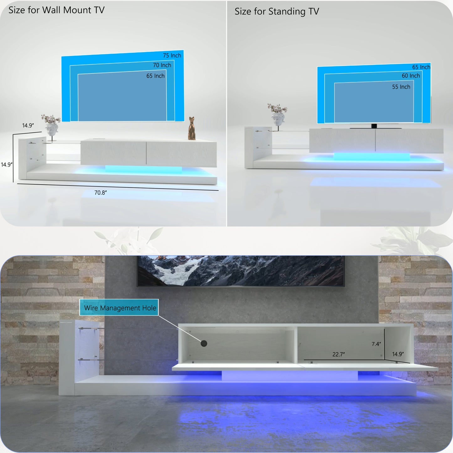 Modern white LED TV stand with ample storage fits  inch TVs