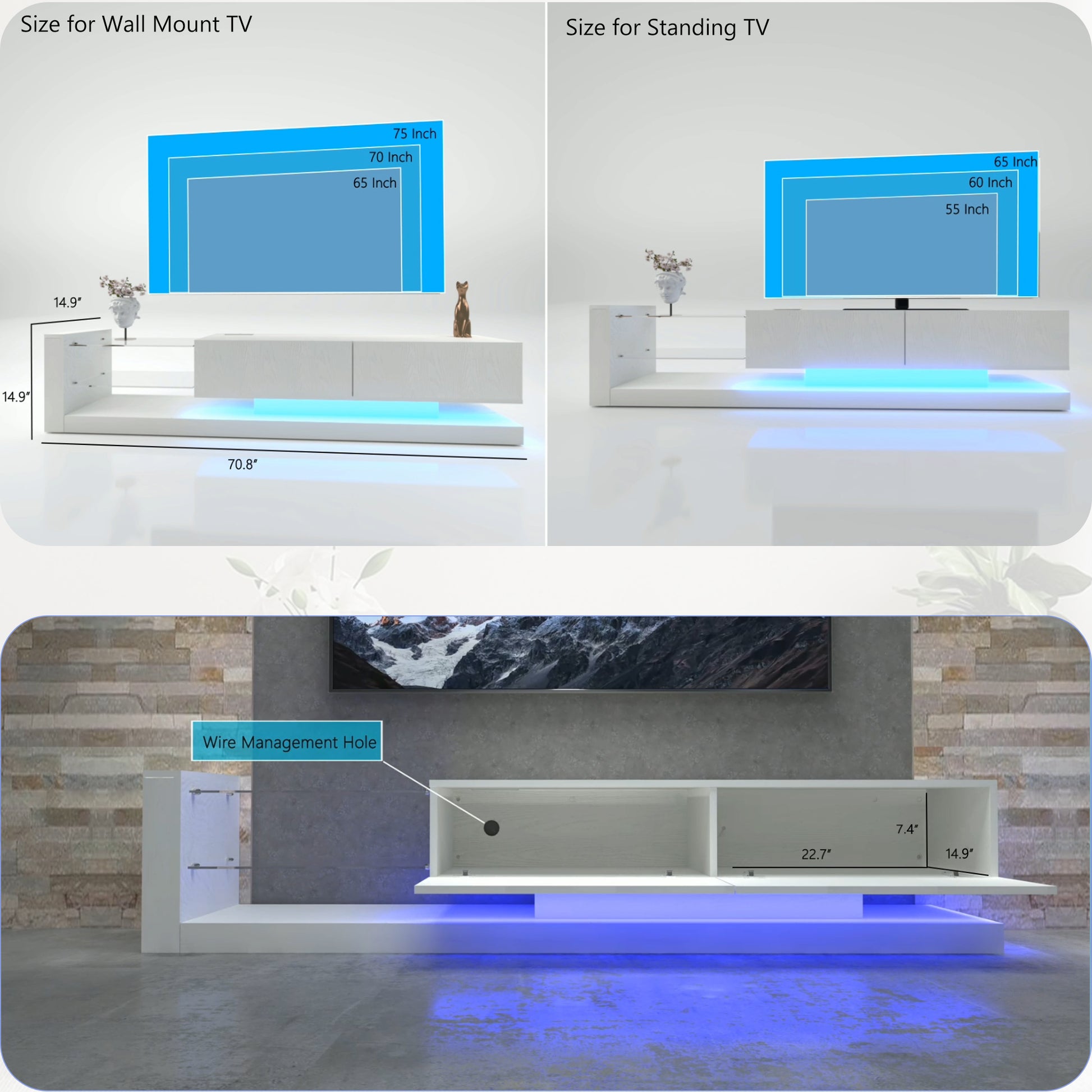 Modern white LED TV stand with ample storage fits  inch TVs