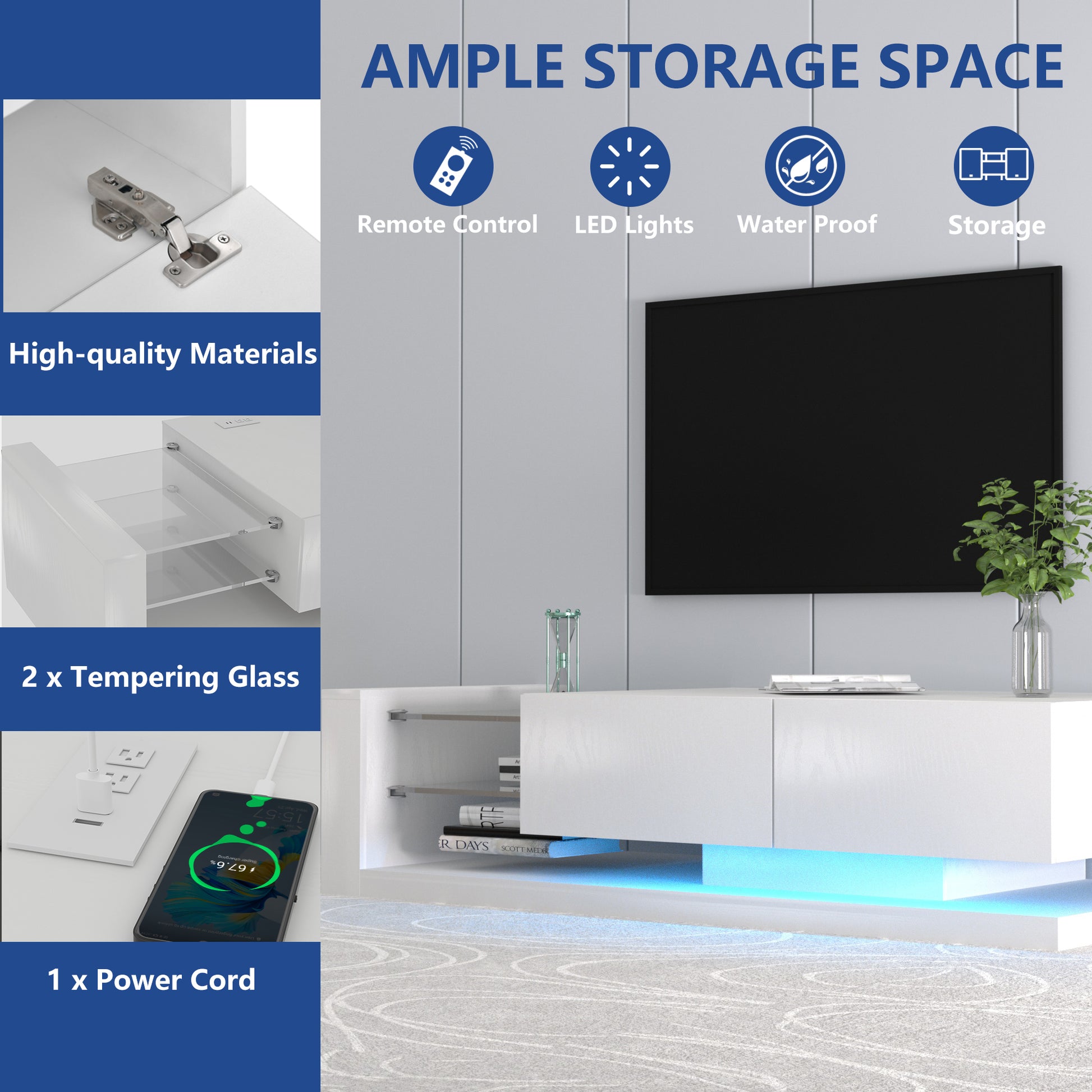 White TV stand with ample storage space LED lights and remote control functionality