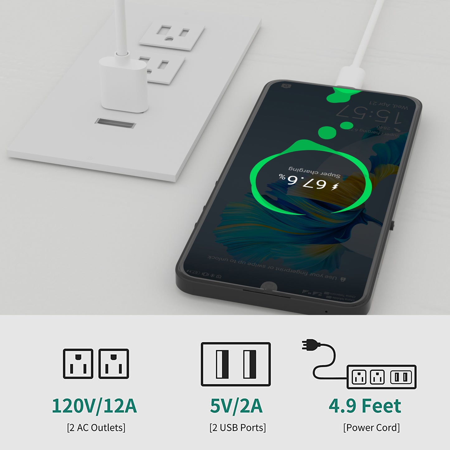 White power strip with two AC outlets and one USB port charging a smartphone