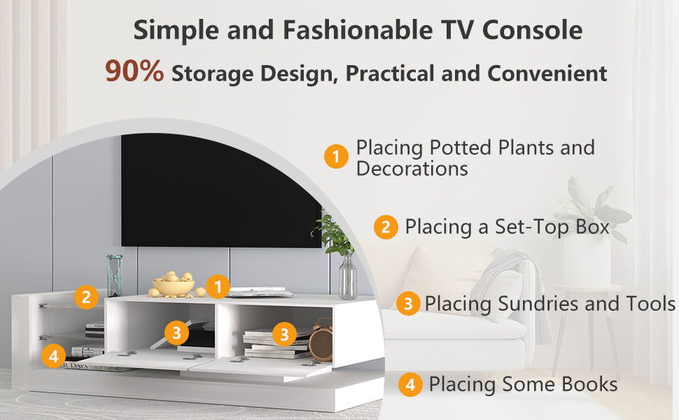 White modern TV console with ample storage for media and decor