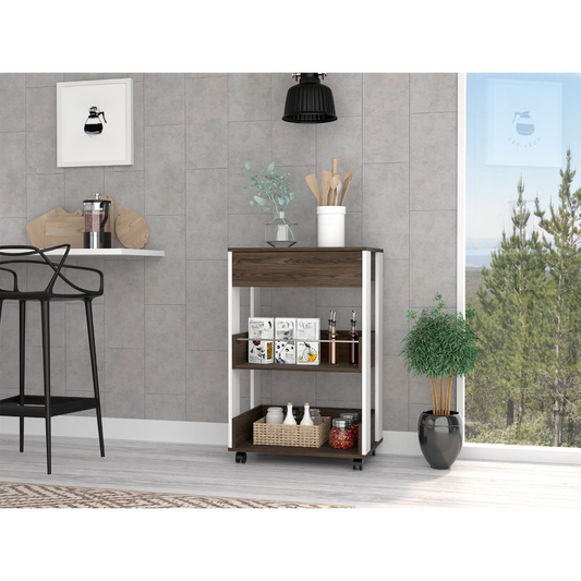 Compact kitchen cart with dark wood finish and white frame featuring shelves and a drawer for storage