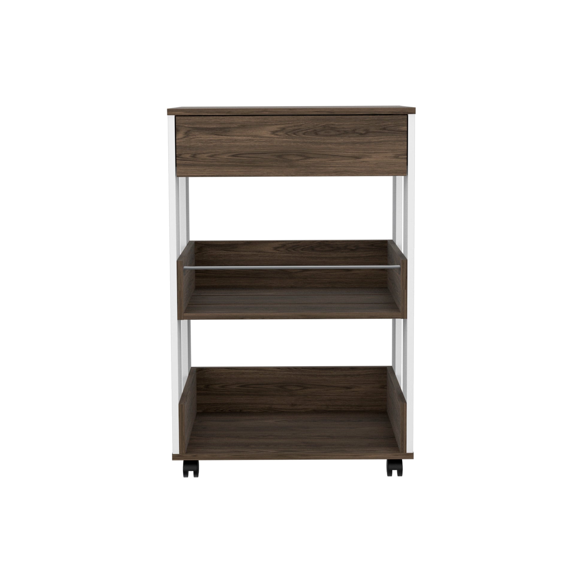 Dark wood threetier shelving unit with silver frame and wheels