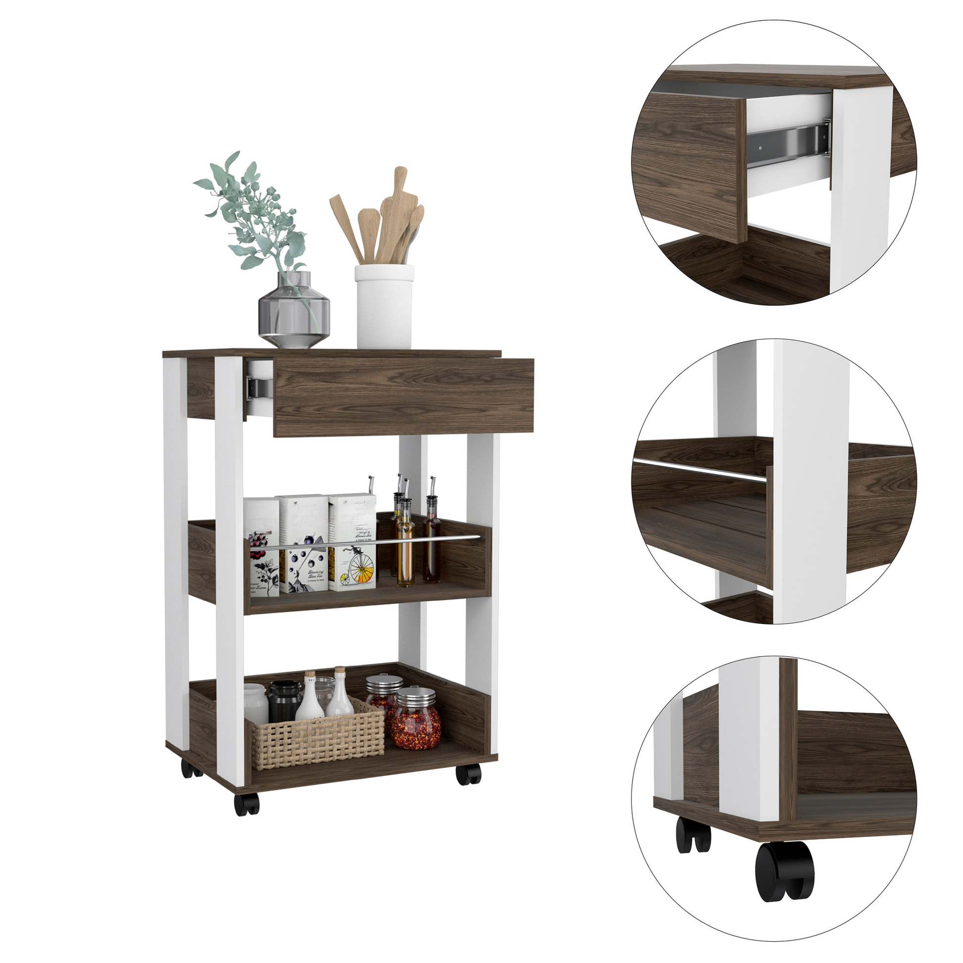 Brown and white wheeled kitchen cart with drawer and shelves