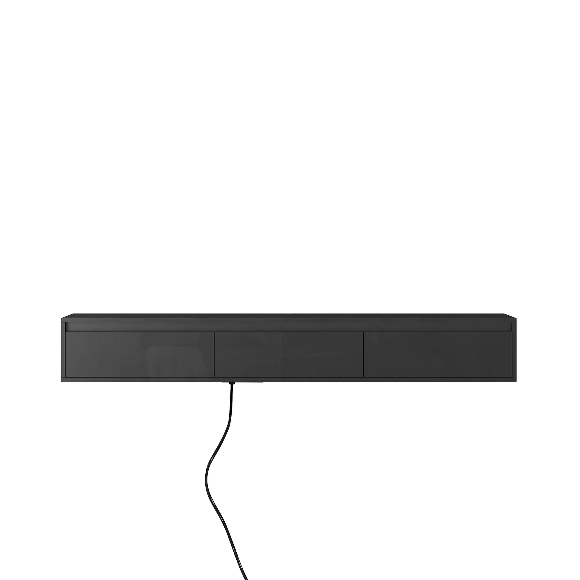 Sleek dark grey floating media console with three drawers and a power cord