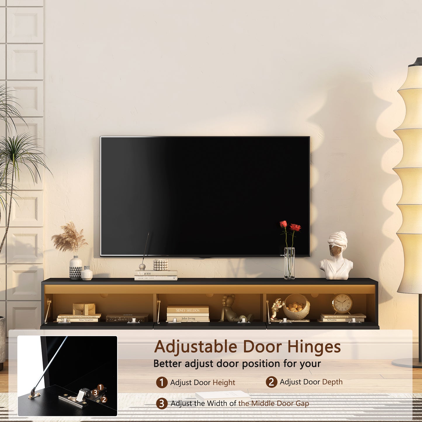Sleek black and gold TV stand with adjustable door hinges and ample storage