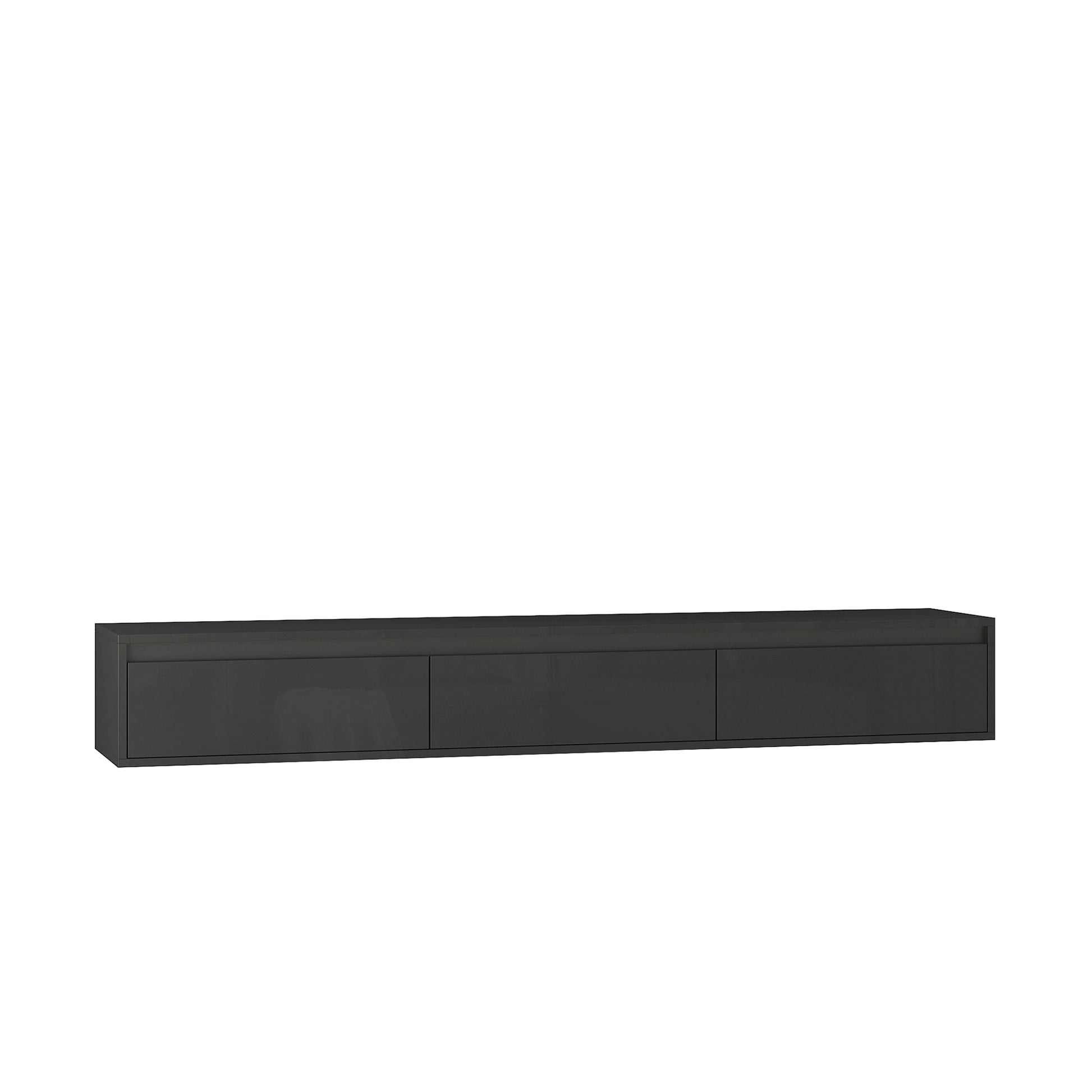 Sleek dark gray floating TV stand with three cabinet doors modern home entertainment unit
