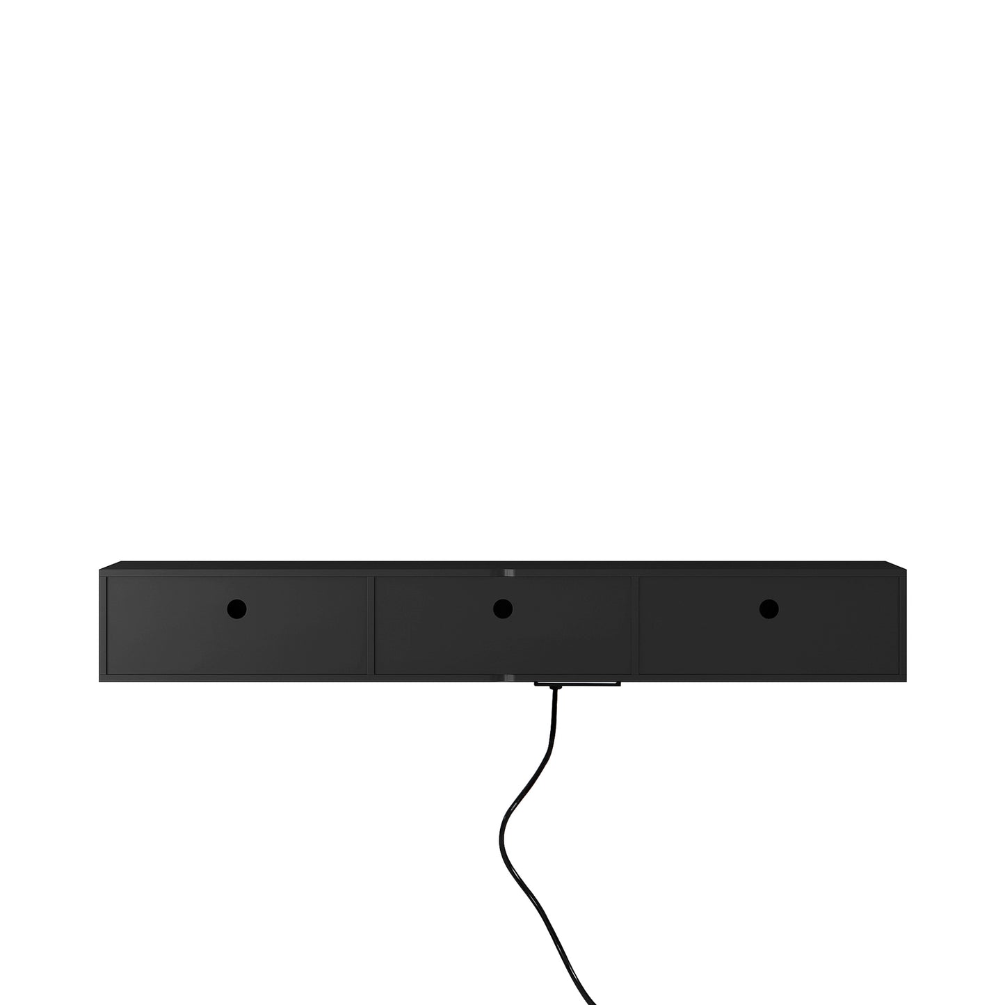 Black floating media console with three drawers and cable management