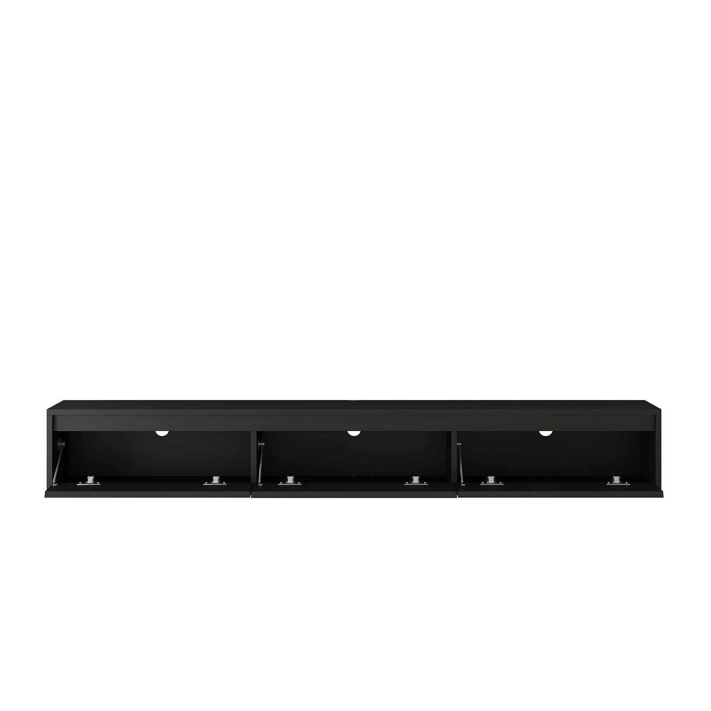 Sleek black wallmounted media console with three open compartments and silver hinges