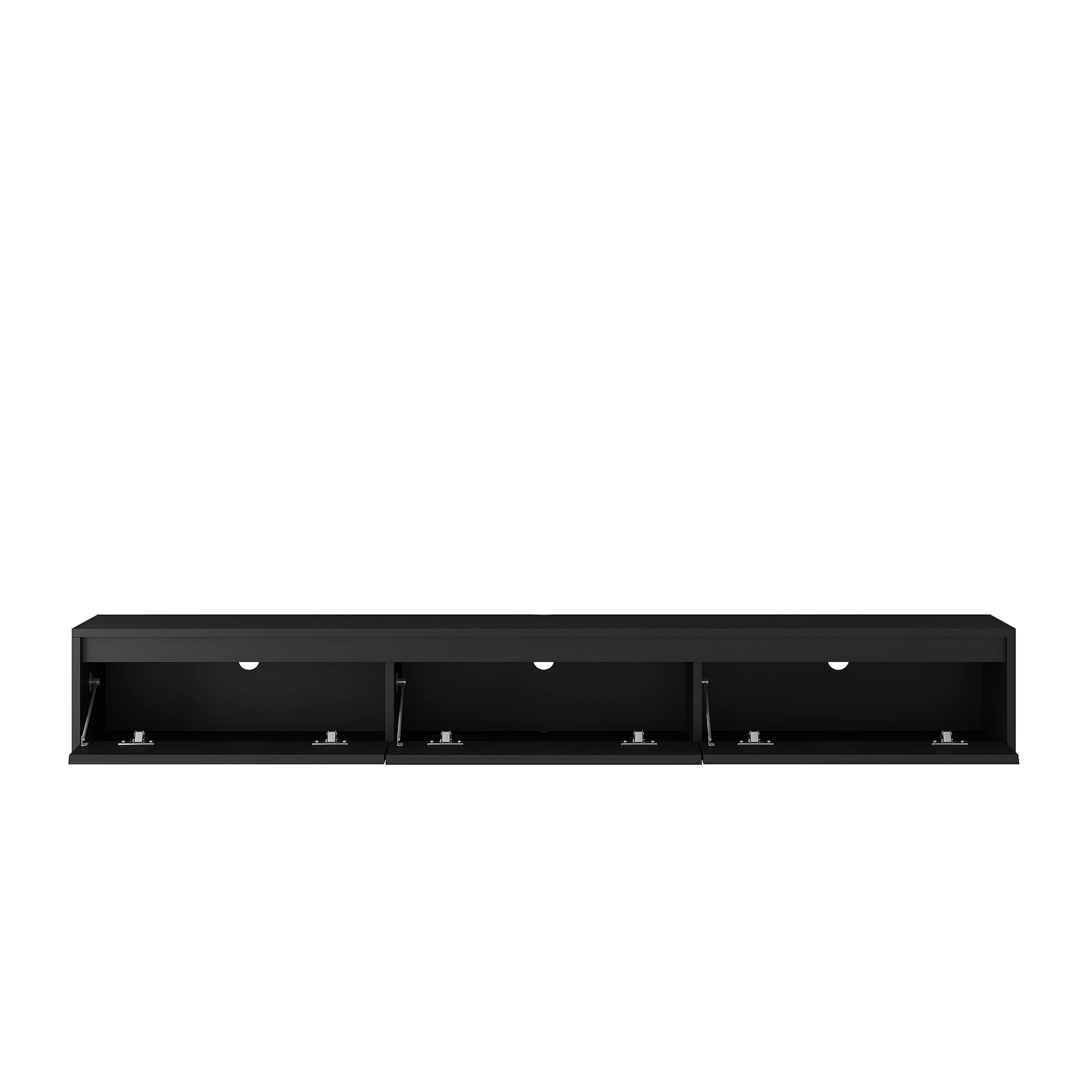 Sleek black wallmounted media console with three open compartments and silver hinges