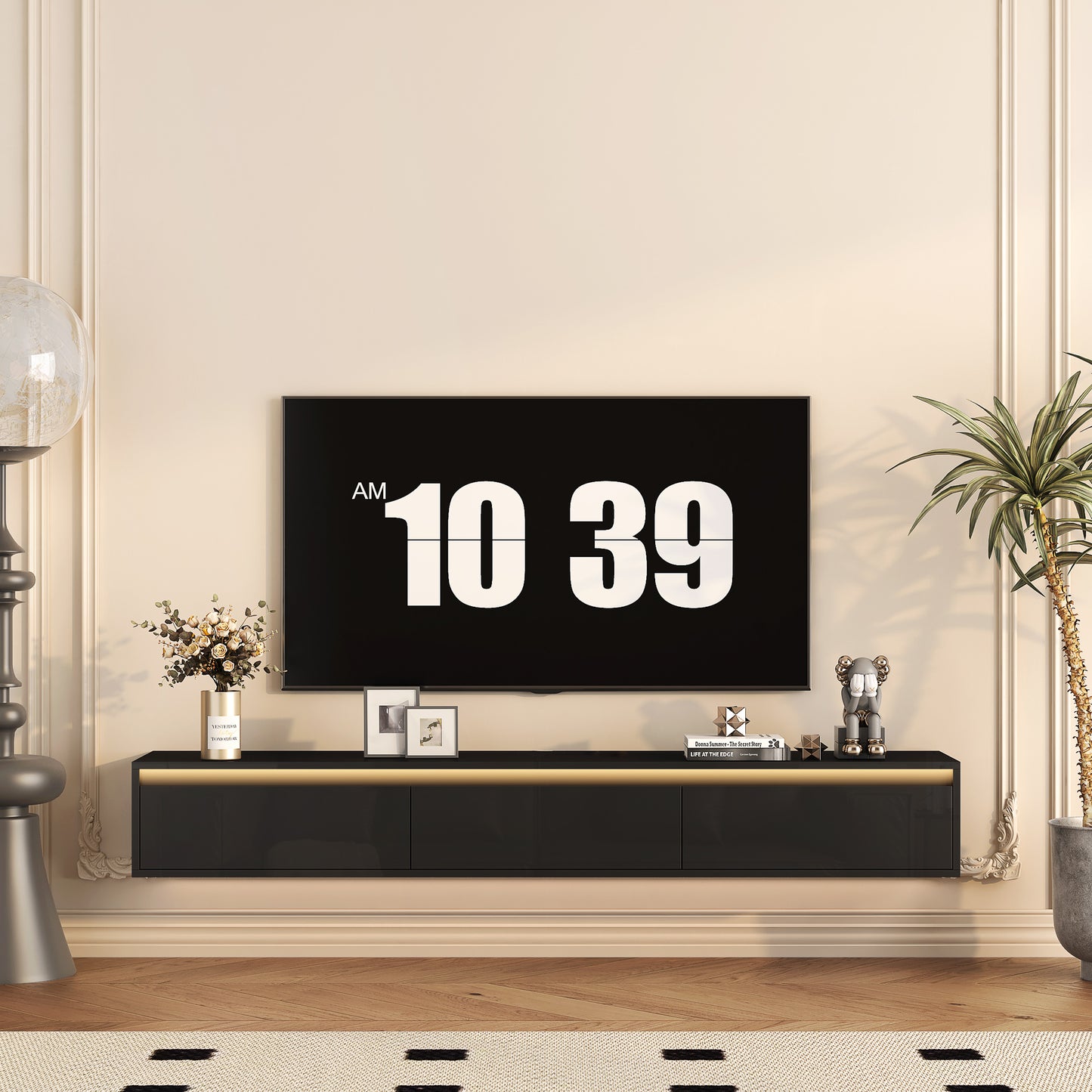 Modern black floating tv stand with LED light for living room