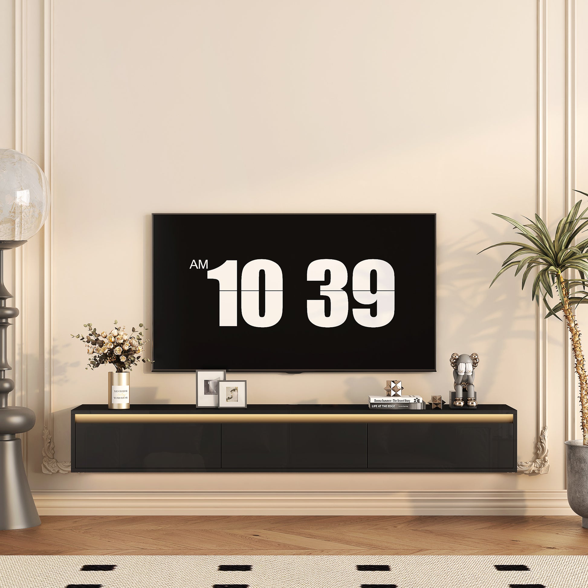 Modern black floating tv stand with LED light for living room