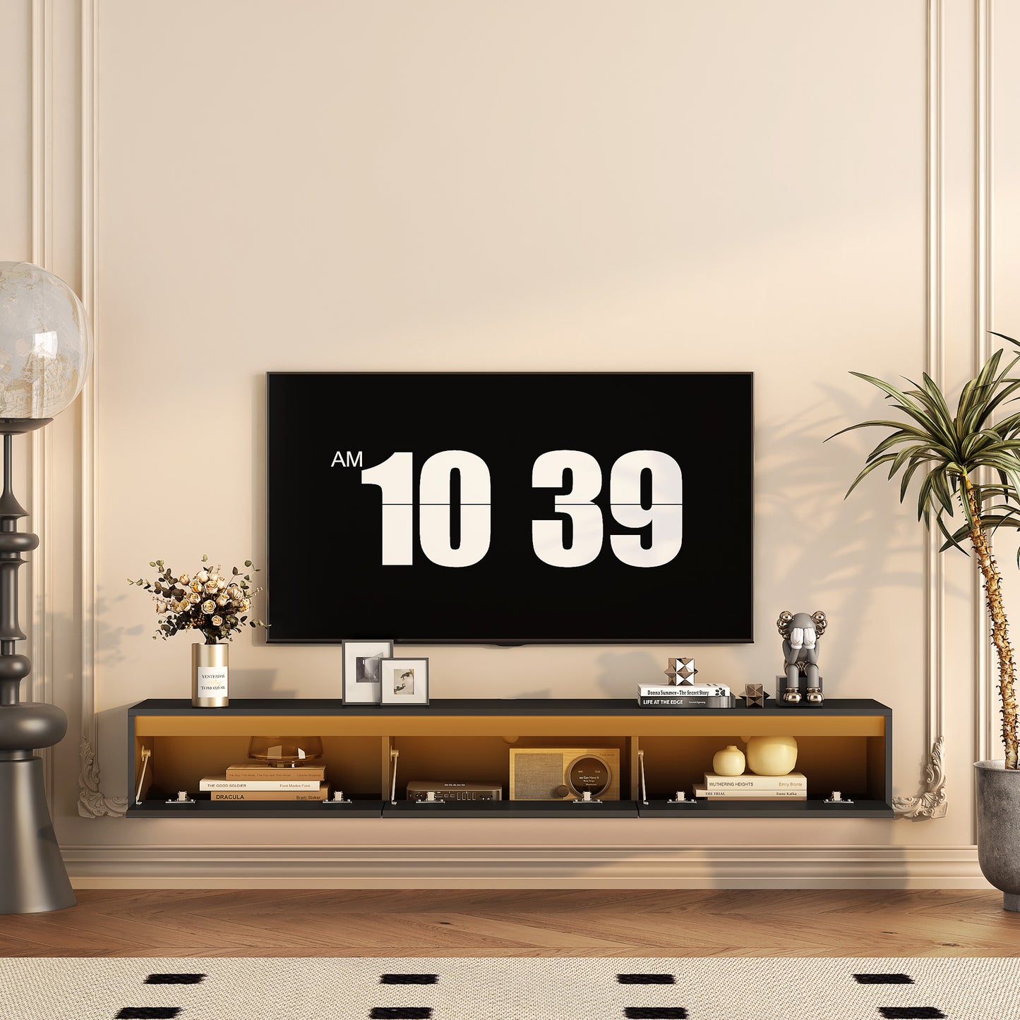 Modern floating media console with gold interior and open shelving