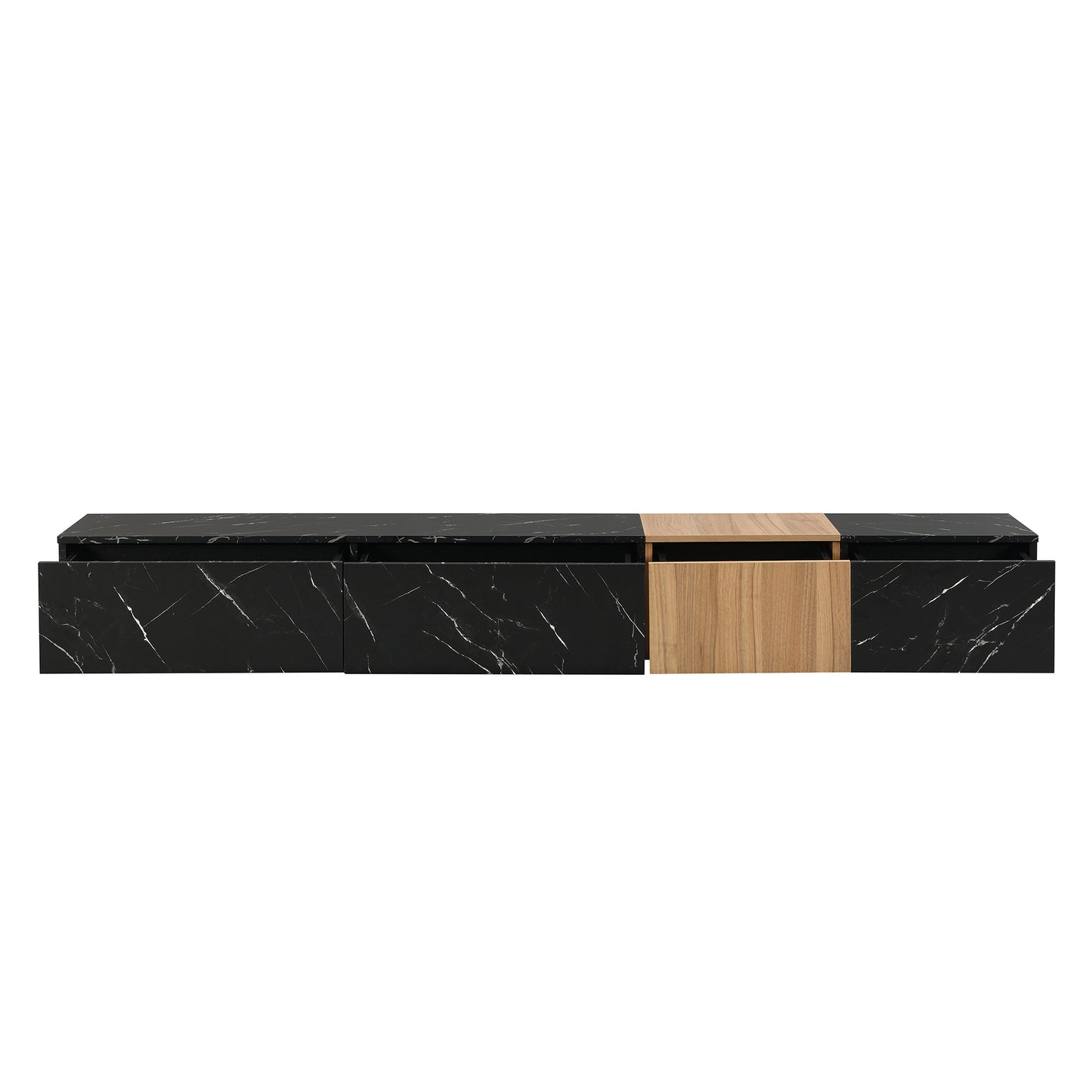 Black marble entertainment center with wood accents and drawer storage