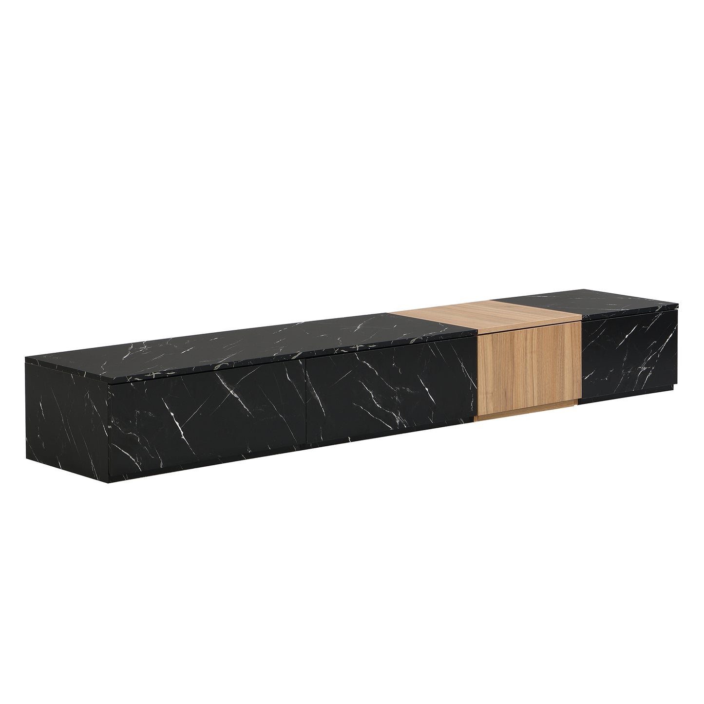 Black marble modern media console with light wood accent drawer