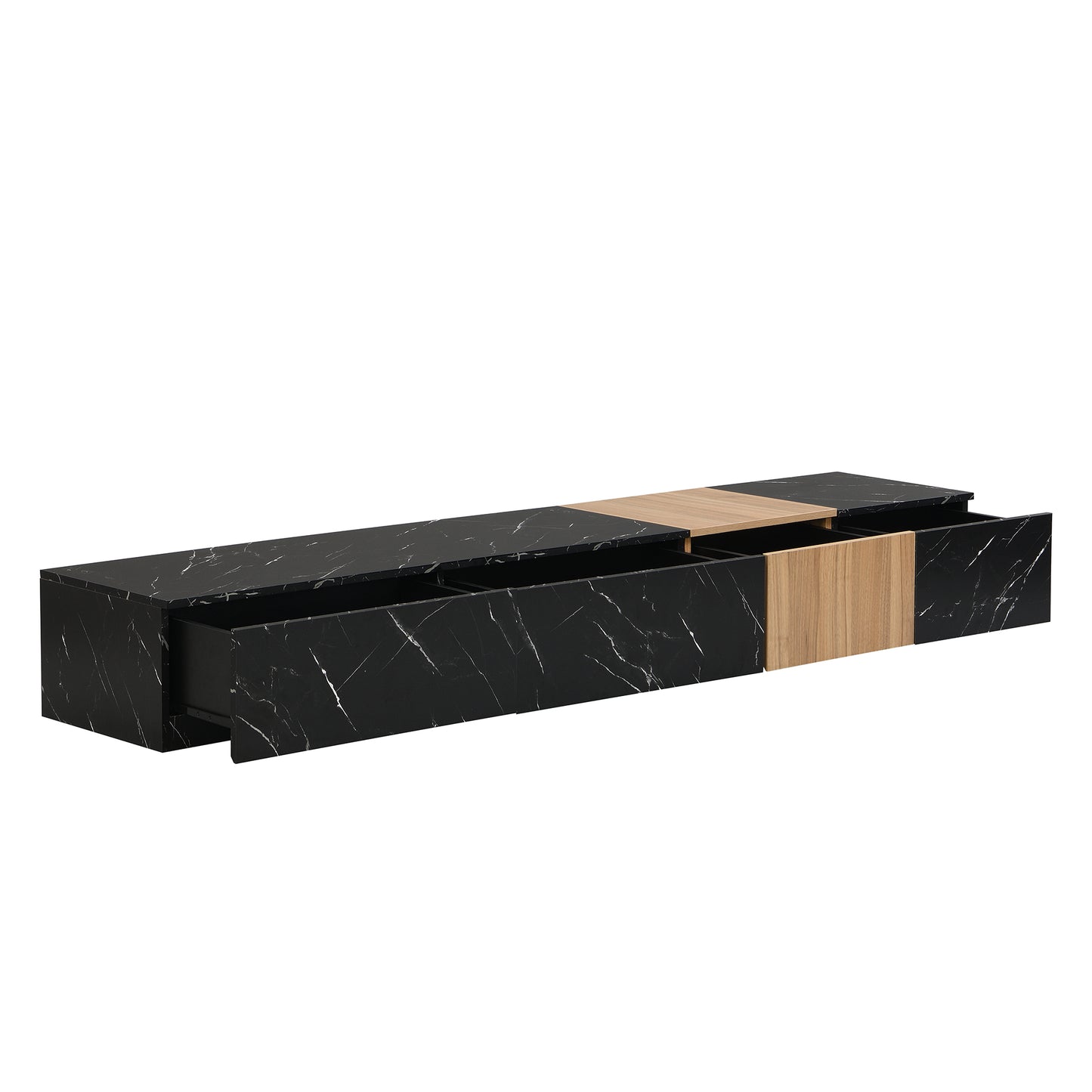Sleek black marble entertainment stand with open drawers and wood accents