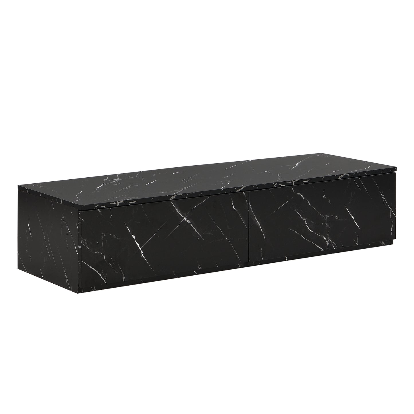 Black marble effect low TV stand with two drawers modern design