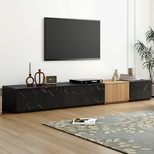 Modern black marble TV stand with wood accents and media console