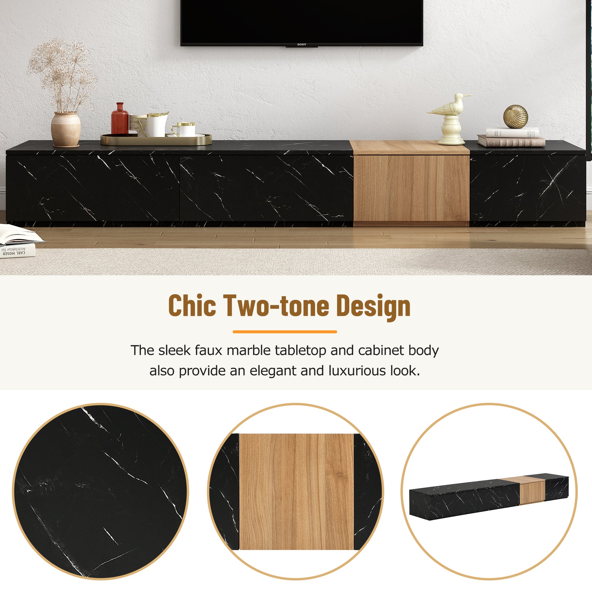Black faux marble TV stand with wood accent sleek modern design