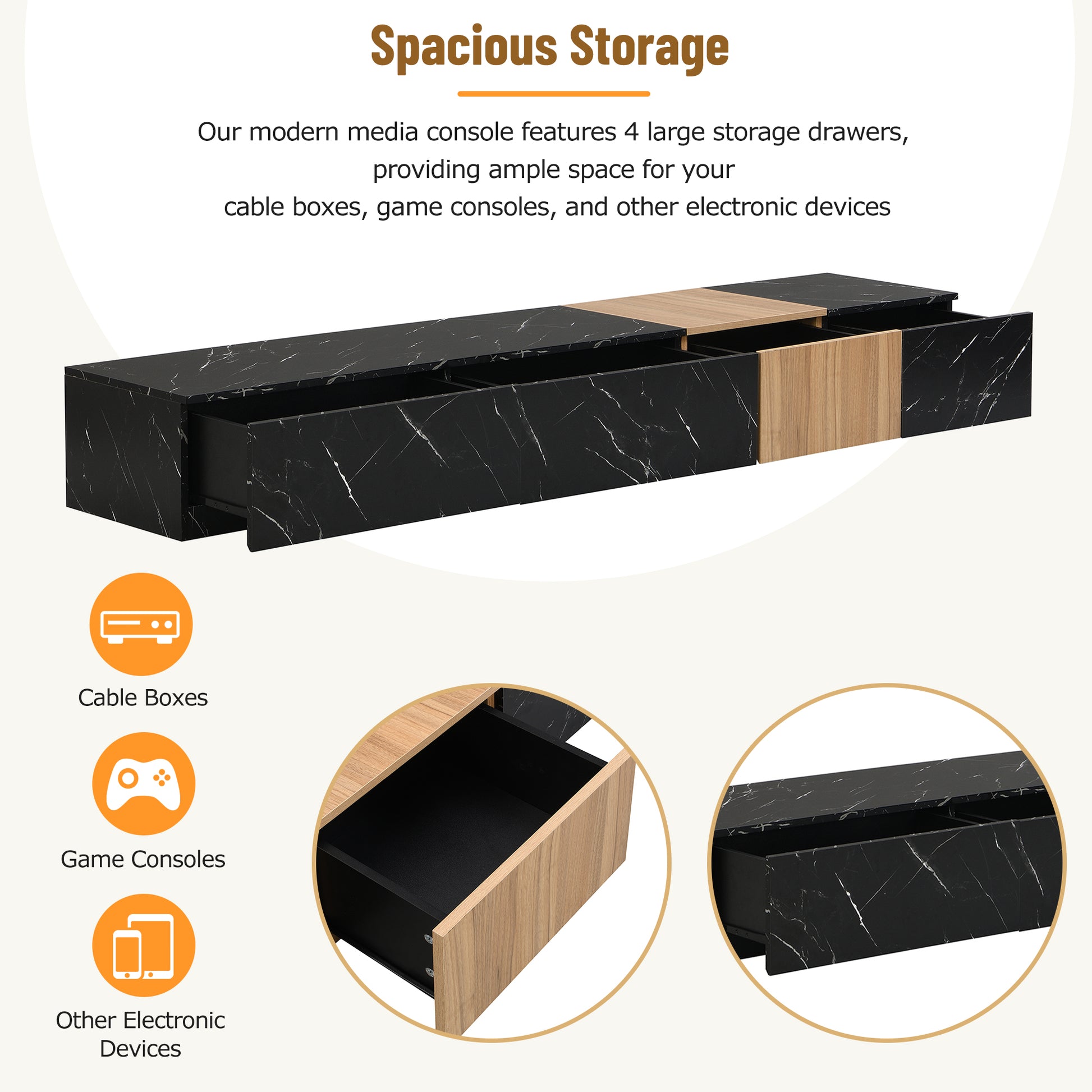 Modern black marble media console with four drawers and natural wood accents perfect for electronics