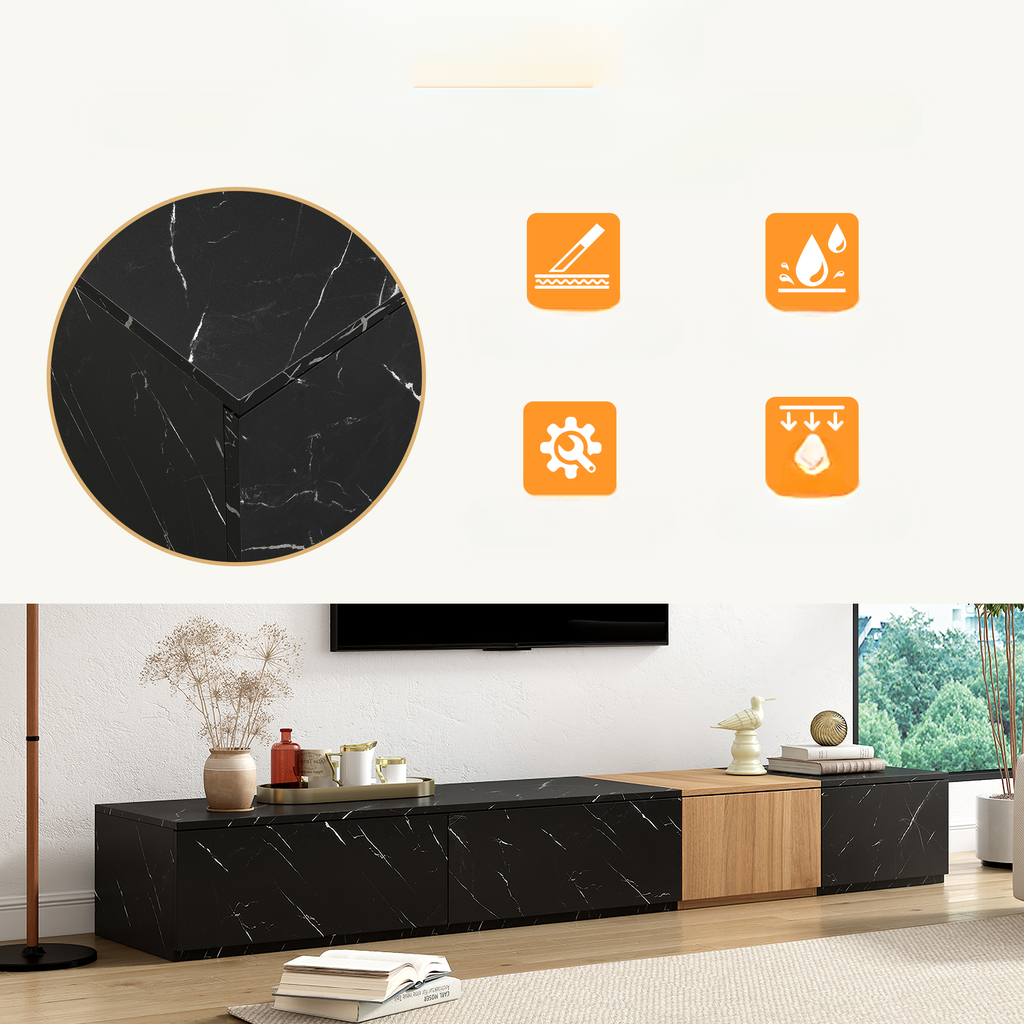 Modern black marble TV stand with ample storage space