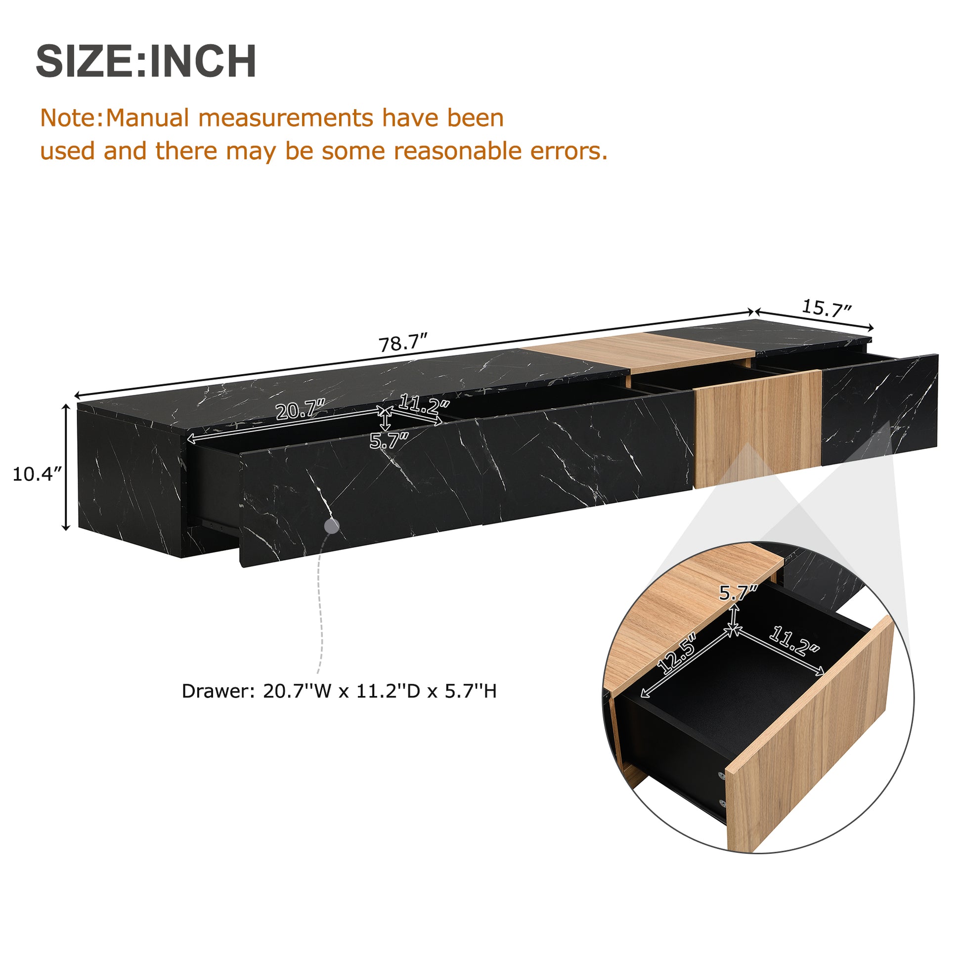 Black marble TV stand with wood accents  W x  H x  D
