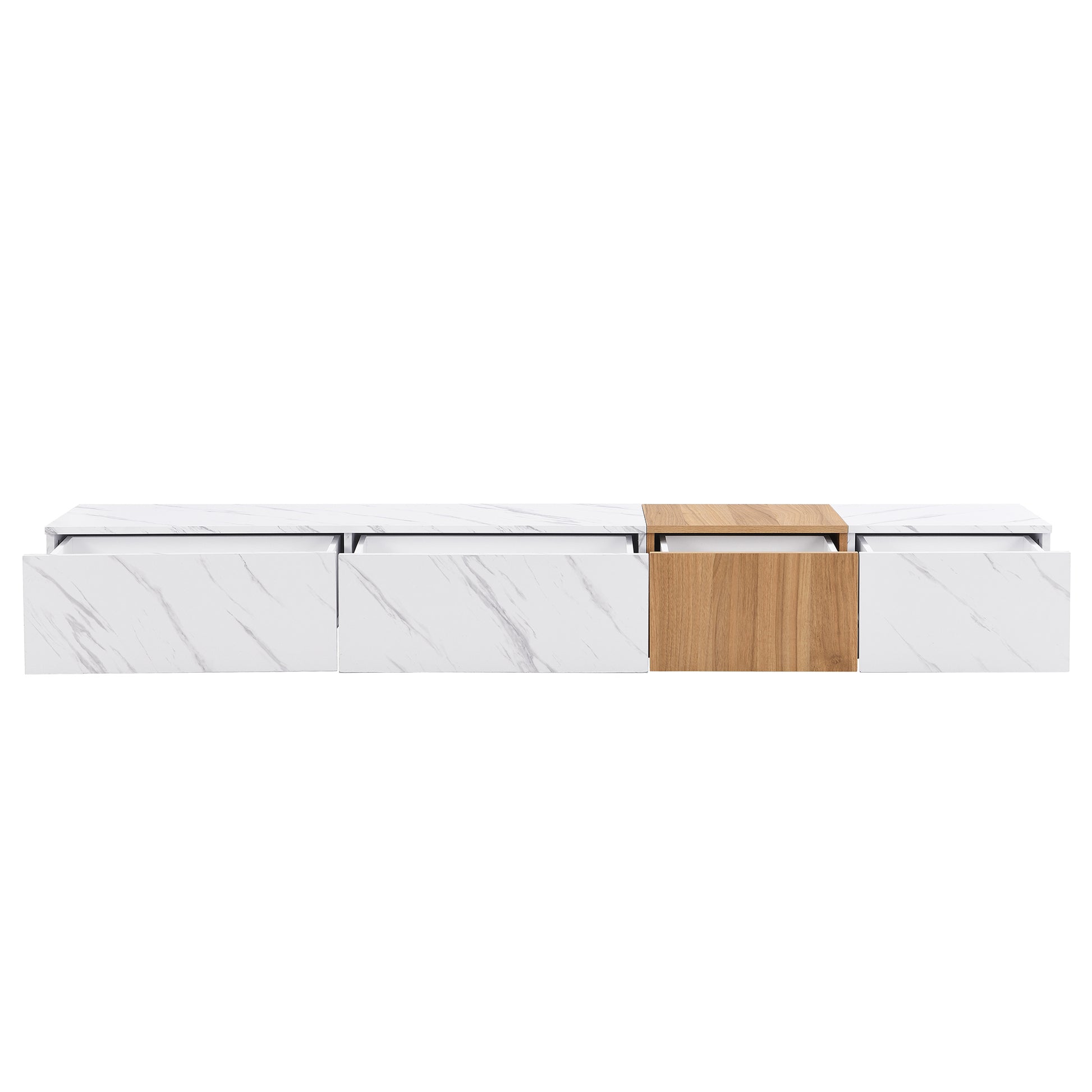 White marble effect TV stand with natural wood drawer detail