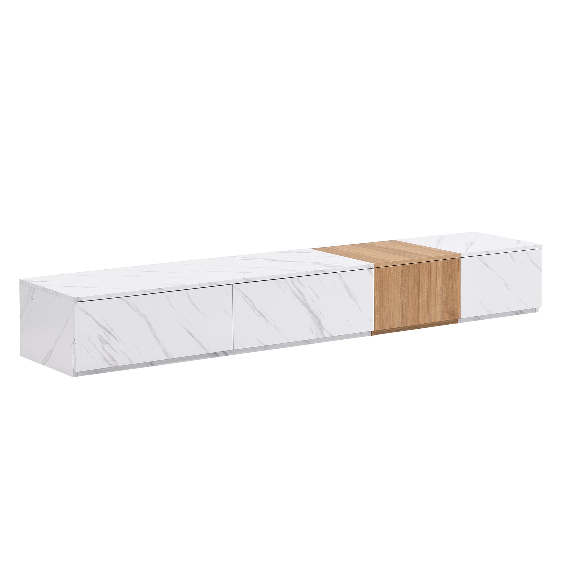 Modern white marble TV stand with wood accent panel  inches