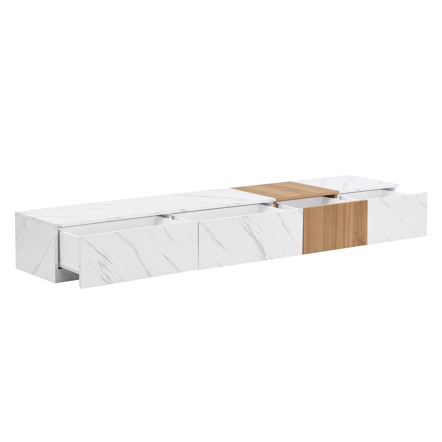 White marble media console with wood accents and open drawers for storage