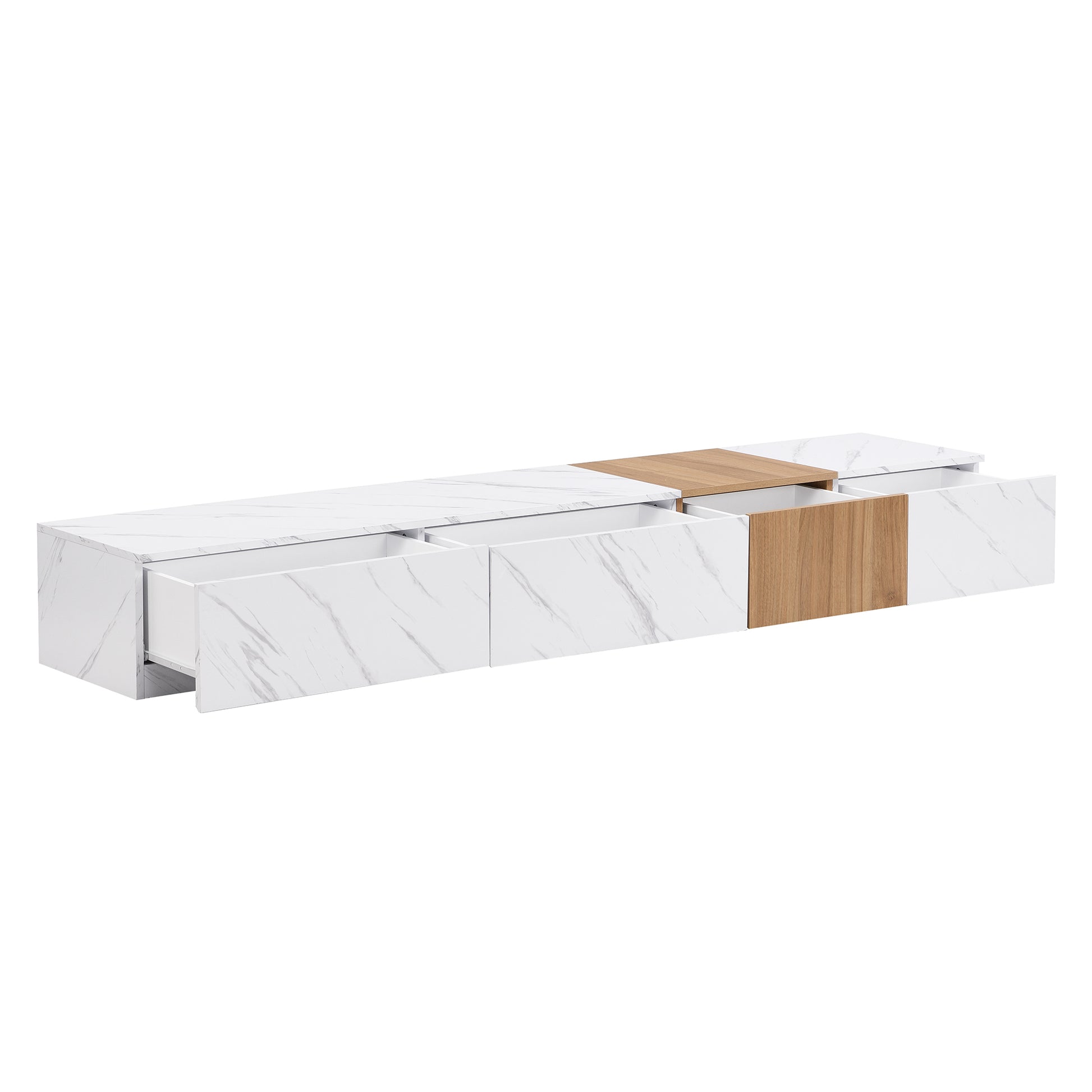 White marble media console with wood accents and open drawers for storage