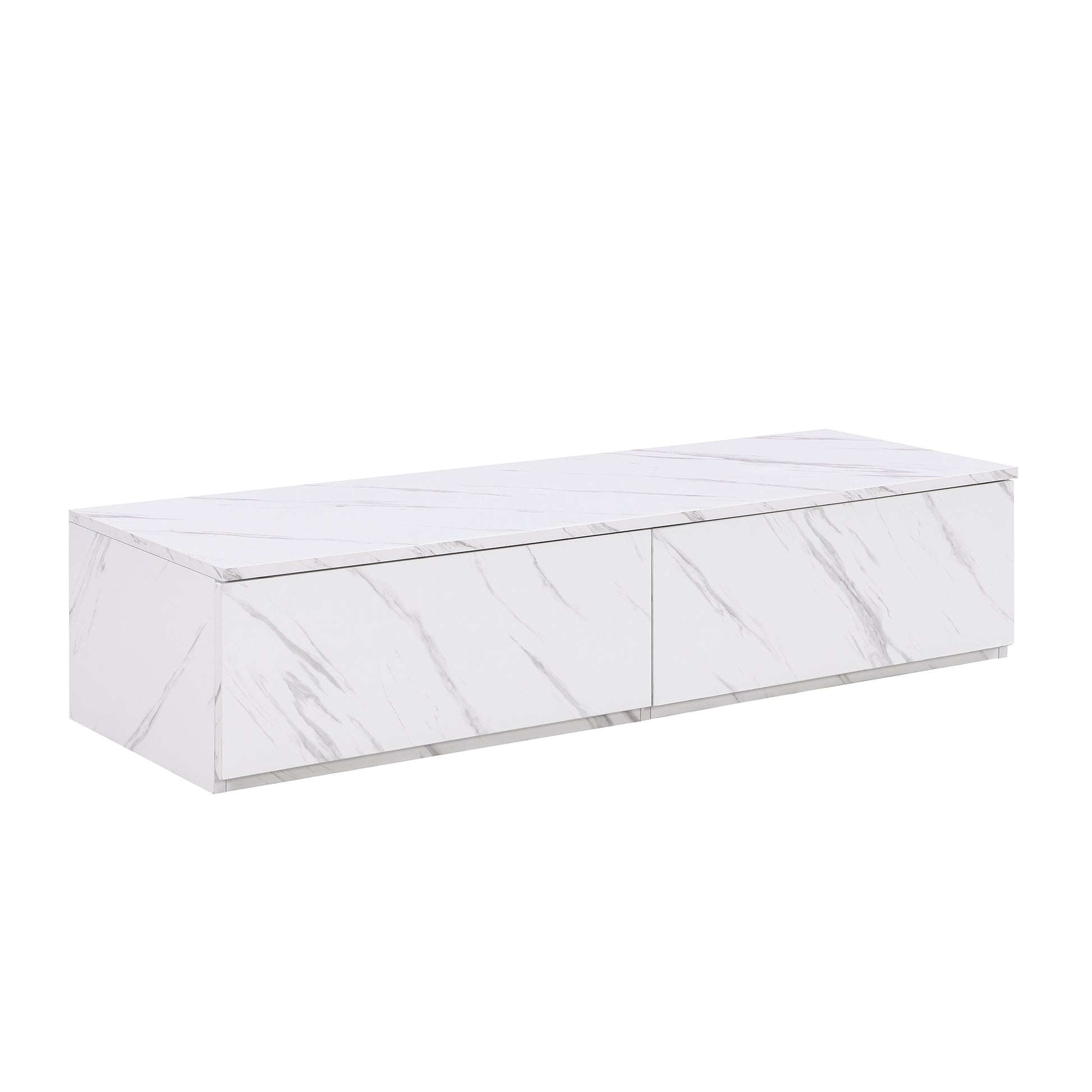 Sleek white marble media console with two drawers for modern living rooms