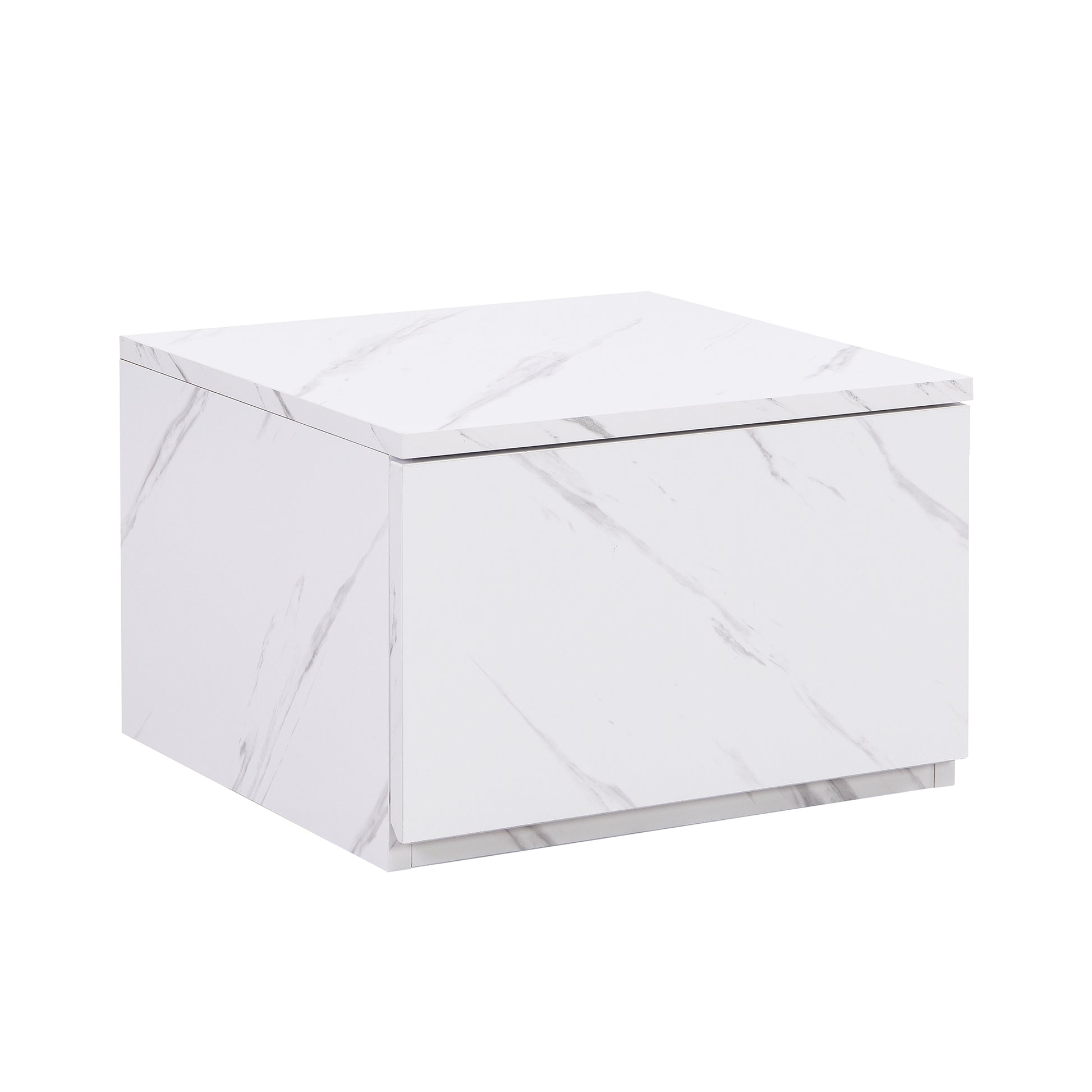 Modern white marble end table with clean lines and a subtle base