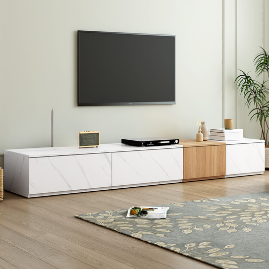 Modern white marble TV stand with wood accents  characters