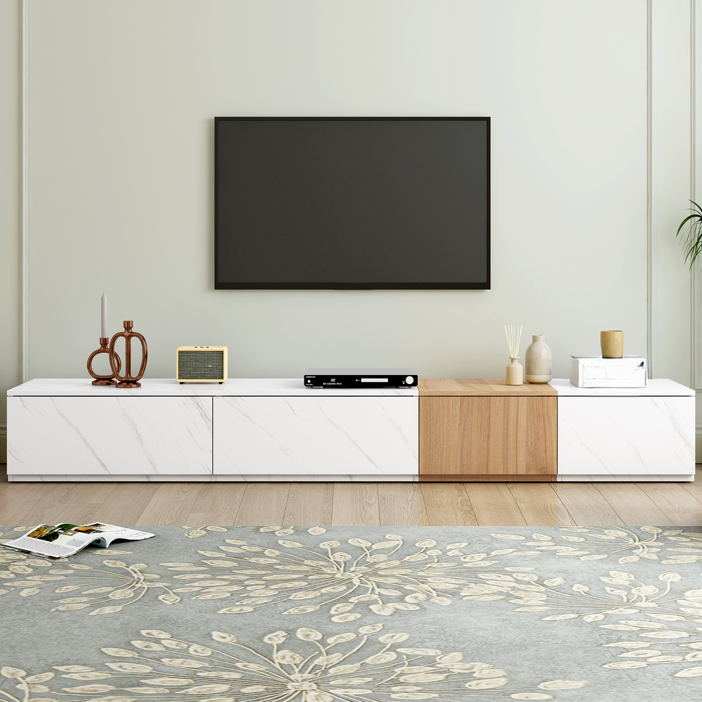 Modern white marble TV stand with natural wood accents offering ample media storage