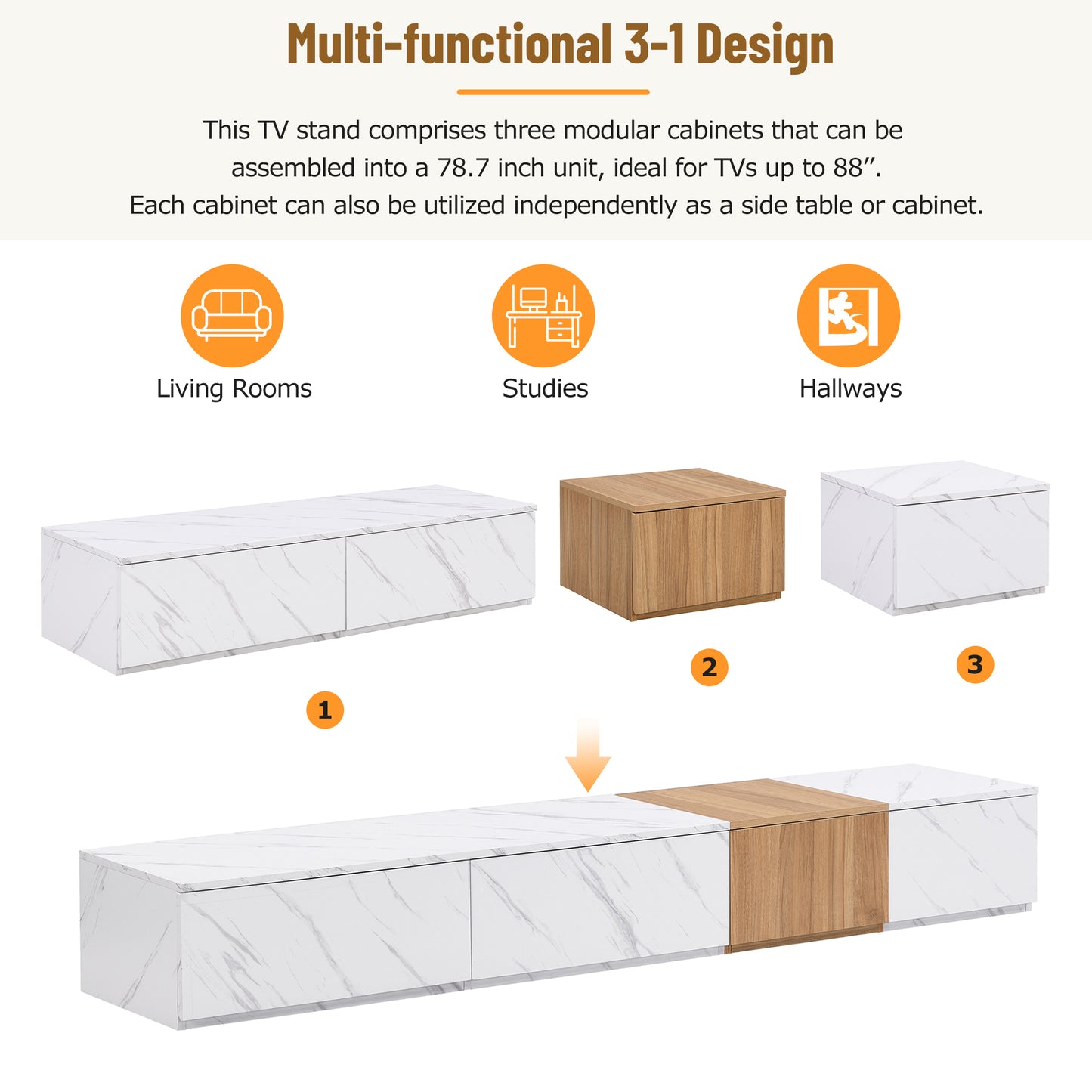 White marble print TV stand with wood accent cabinet ideal for living rooms