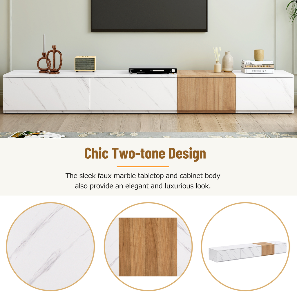 Modern white media console with faux marble top and wood accent