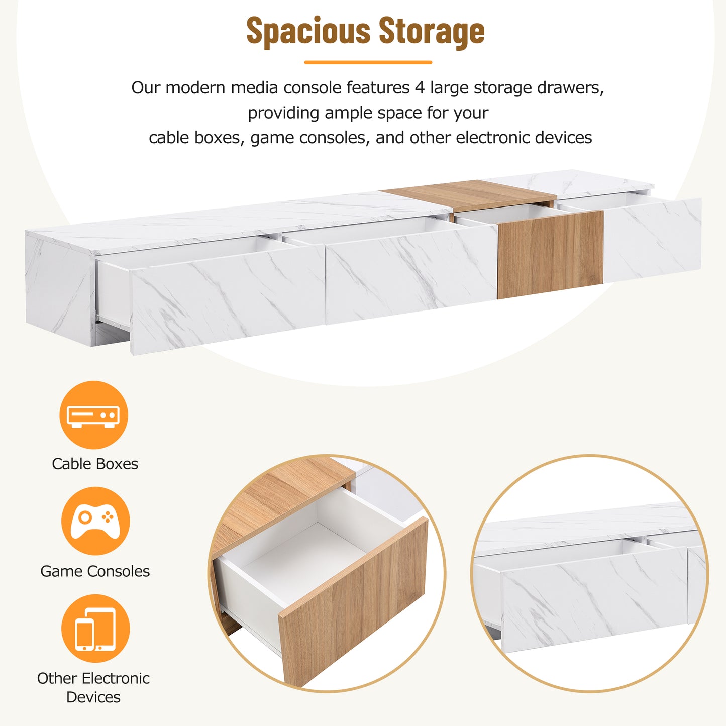 Modern white media console with marbleeffect finish and open drawers for storage