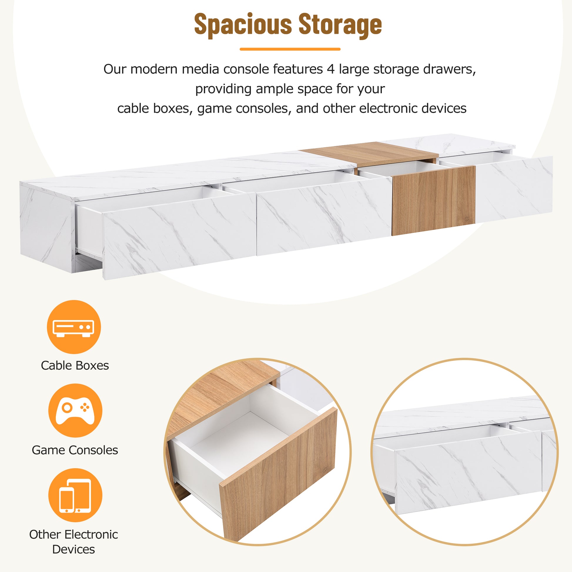 Modern white media console with marbleeffect finish and open drawers for storage