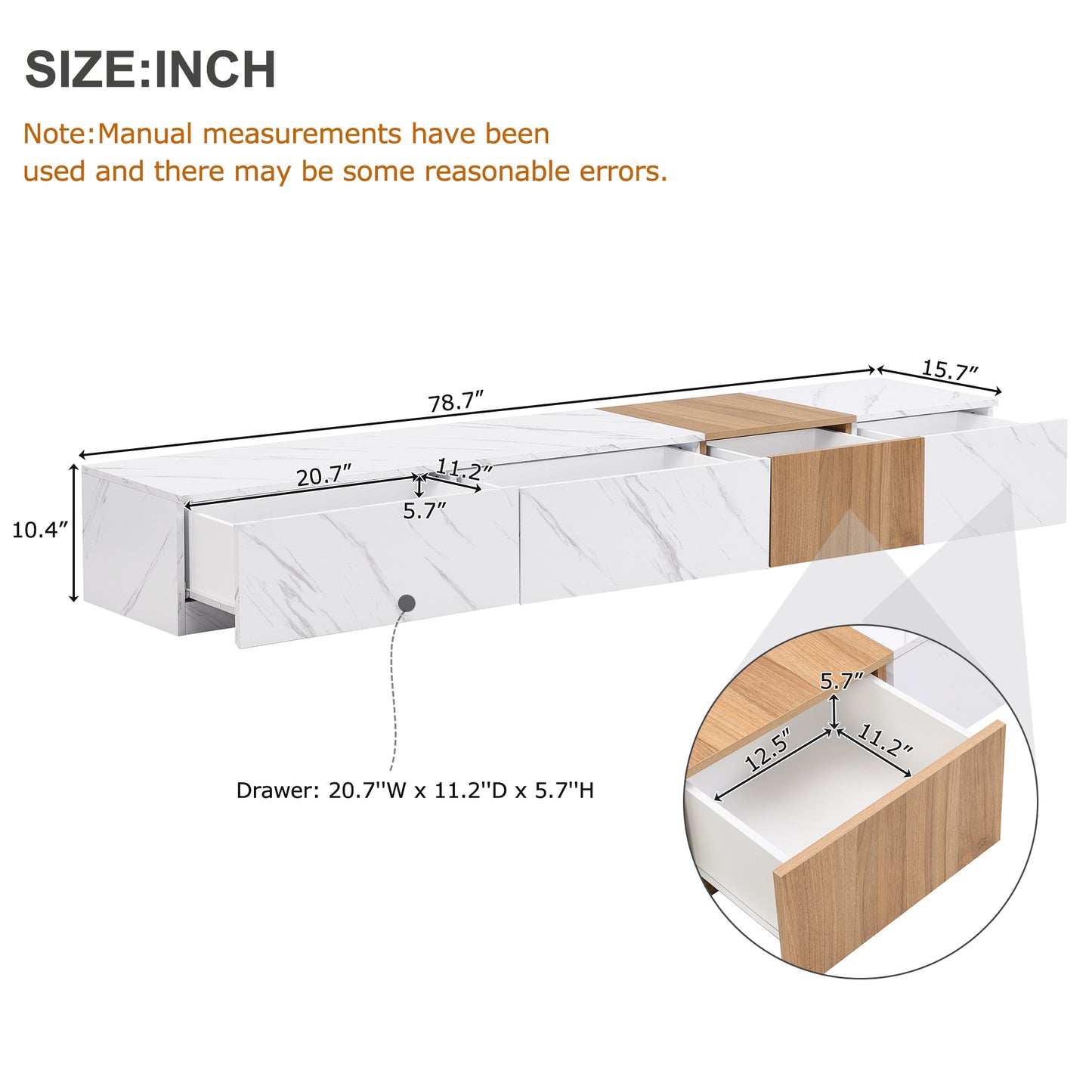 White marble effect media console with wood grain drawers  L x  D x  H
