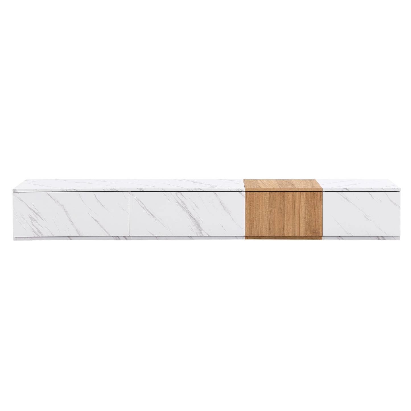 Modern white marble effect TV stand with natural wood accent cabinet