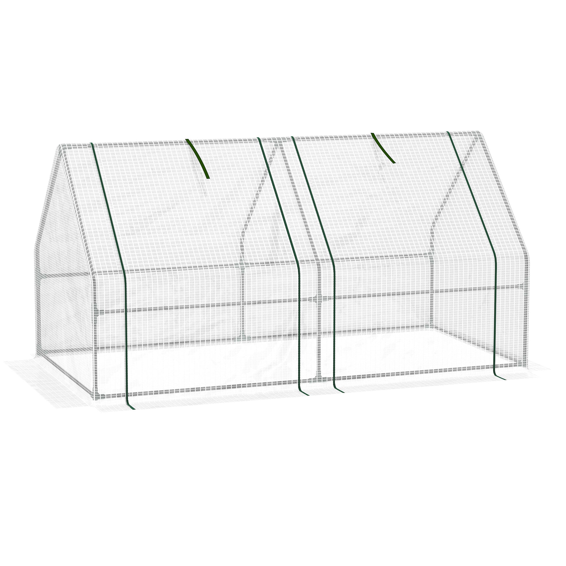 Walkin greenhouse with a white mesh cover and metal frame for garden protection