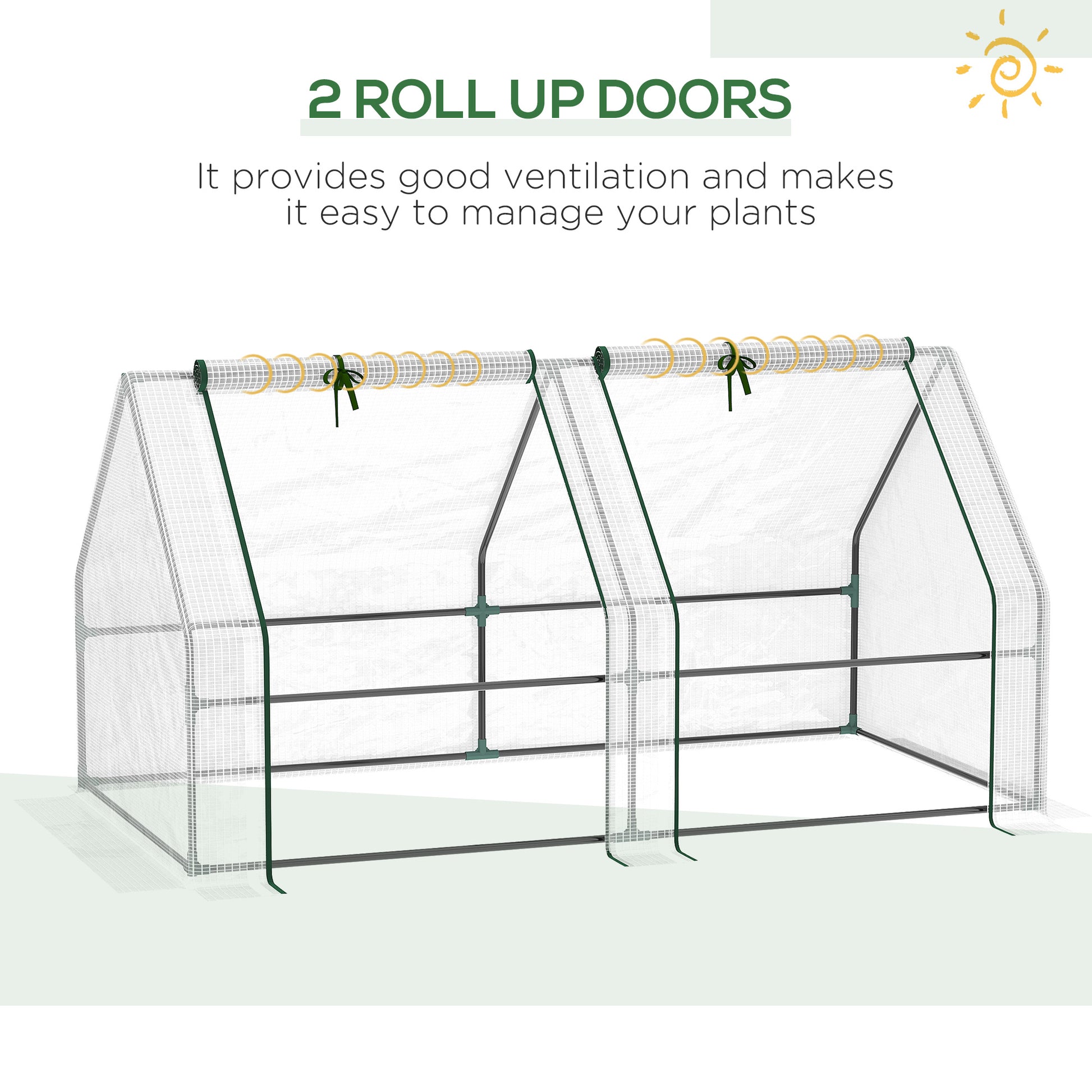 Compact walkin greenhouse with two rollup doors and a durable steel frame