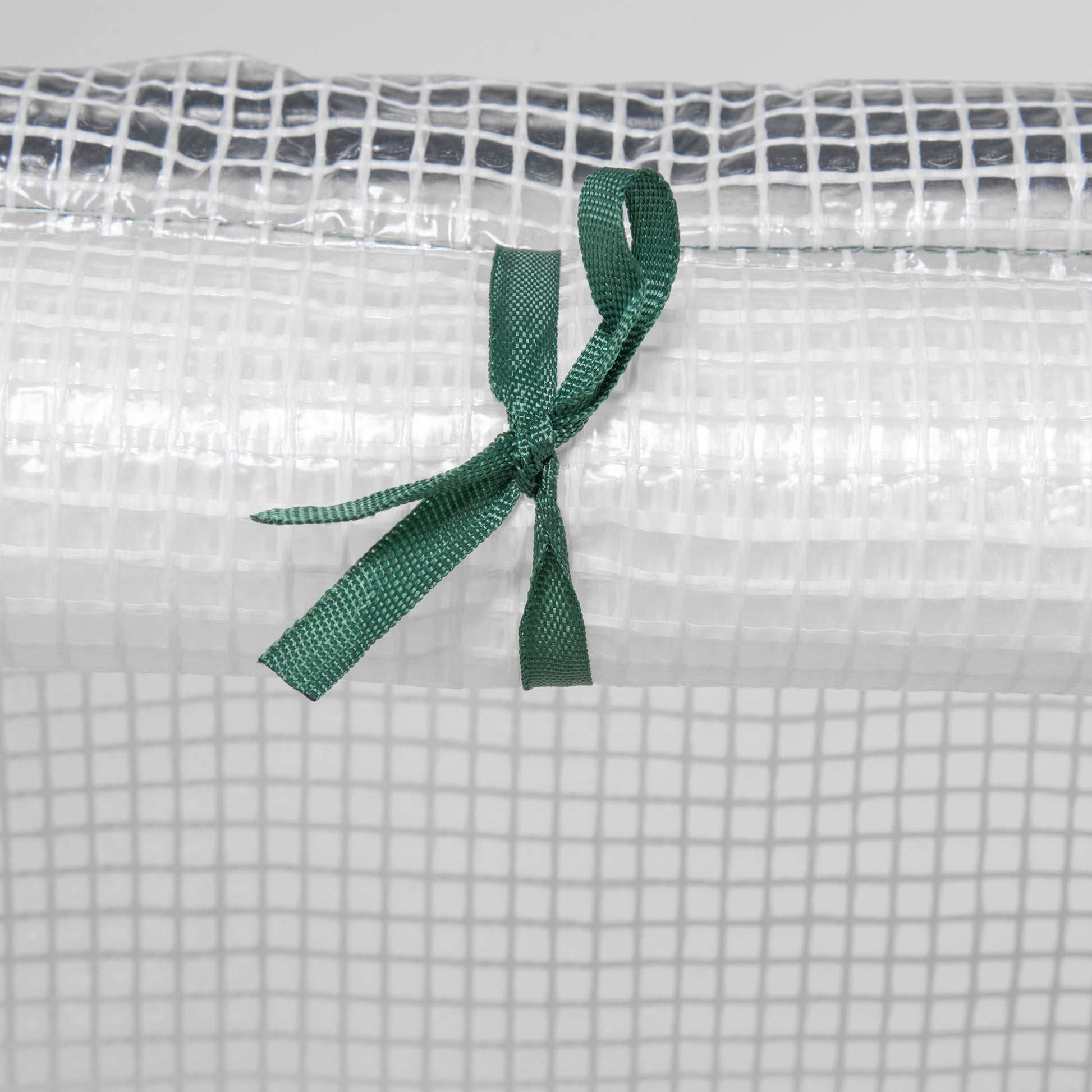 Clear plastic greenhouse cover with reinforced grid and green tie