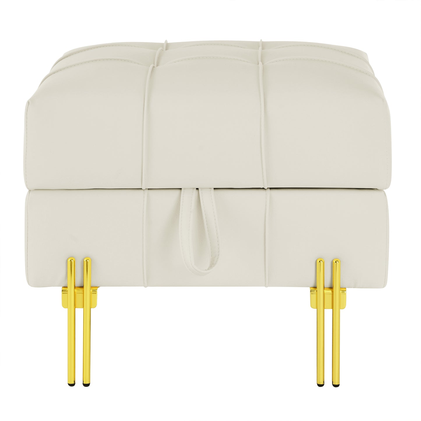 Cream leather tufted storage ottoman with gold legs perfect for living rooms
