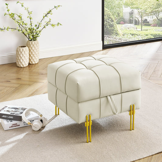 Cream leather tufted storage ottoman with modern gold metal legs