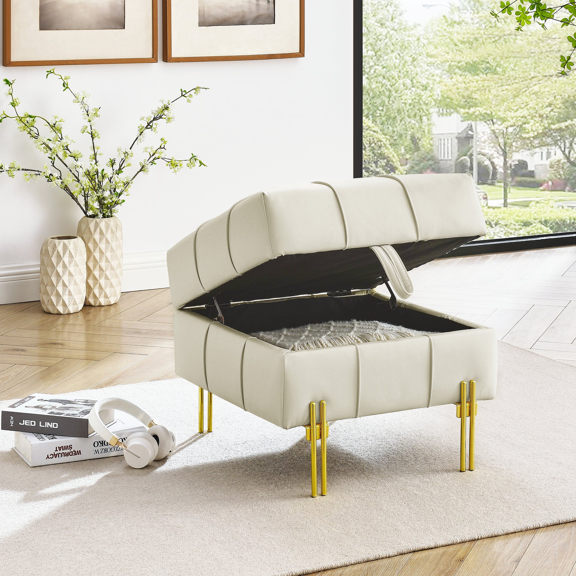 Cream velvet storage ottoman with tufted lid and gold legs