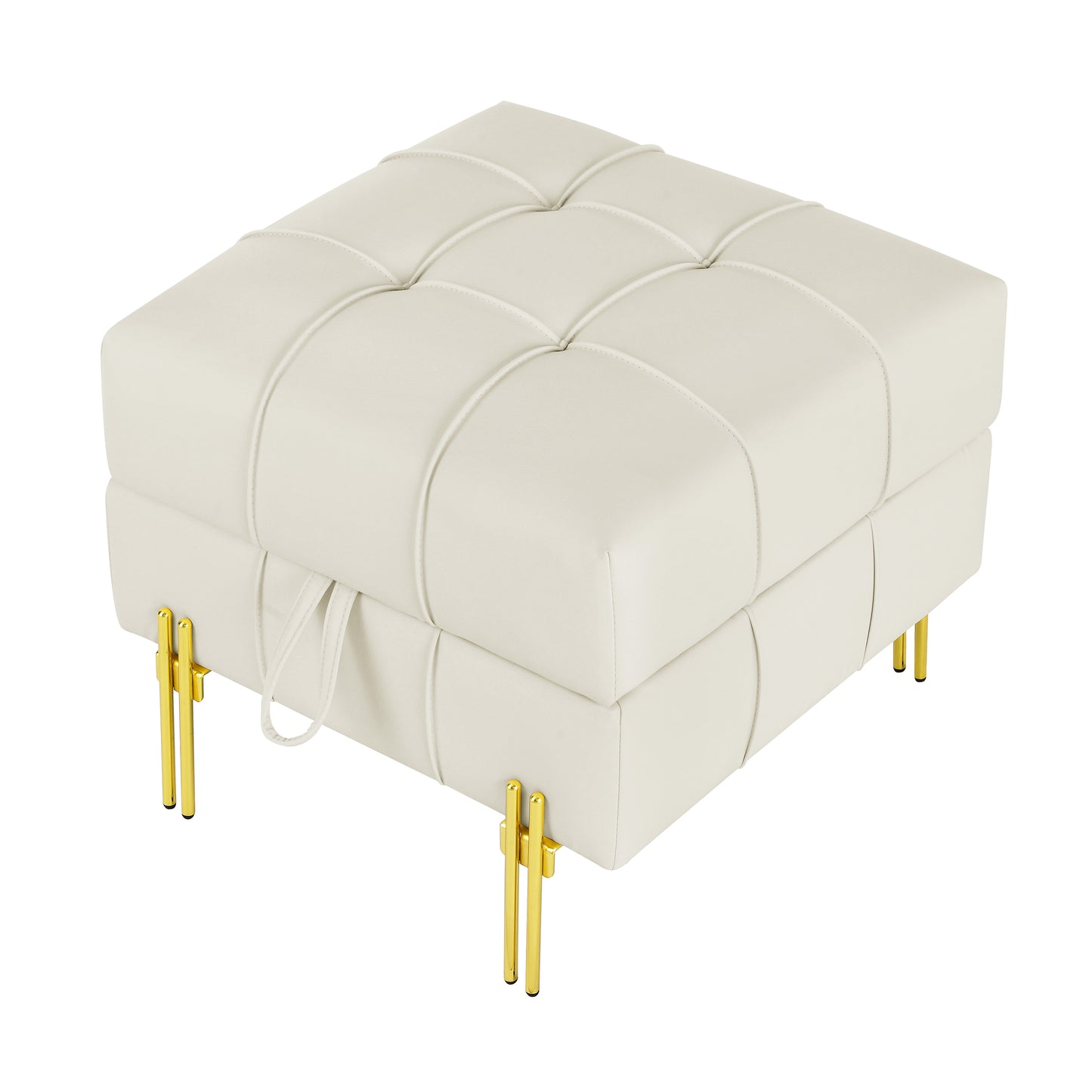 Cream tufted leather storage ottoman with gold legs and a pull tab for easy access